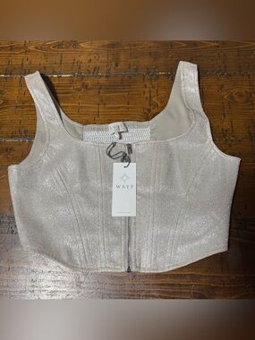 New WAYF Metallic Shimmer Front Zip Corset Crop Top Sz Small